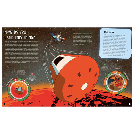 Book spread about landing a space capsule on Mars, featuring interactive spinners and educational text.