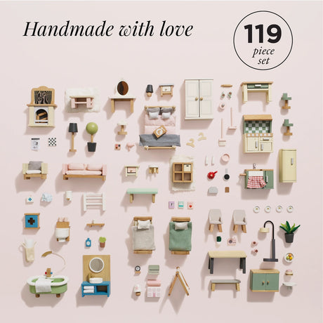 A knolled layout of a 119-piece wooden dollhouse furniture set in pastel colors against a pink background.