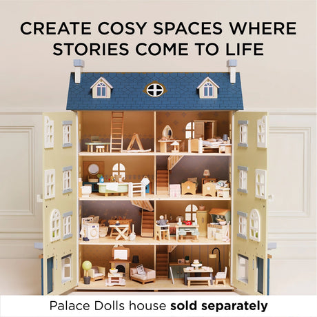 Open wooden dollhouse with four floors furnished with pastel miniature room sets.