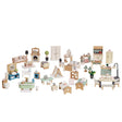 Miniature pastel wooden dollhouse furniture set with living, bedroom, kitchen, and bathroom pieces on white background.