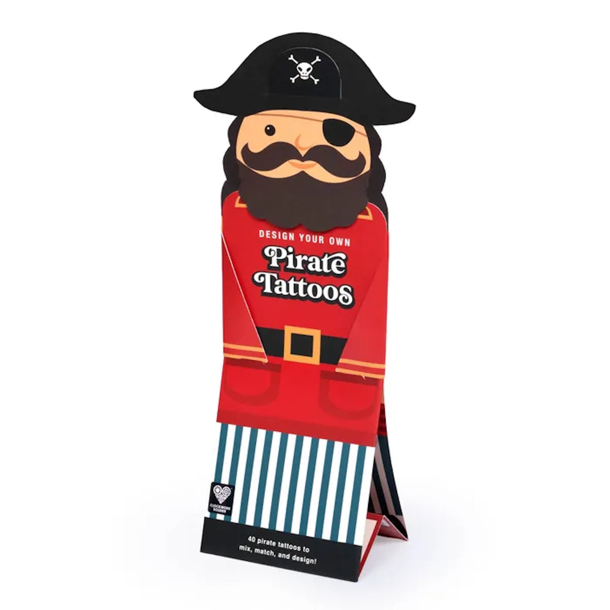 Pirate-shaped activity kit packaging reading "Design Your Own Pirate Tattoos" with 40 tattoos.