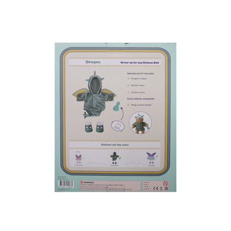 Back of Dragon Outfit Set box showing included item details, doll preview, and safety labels.