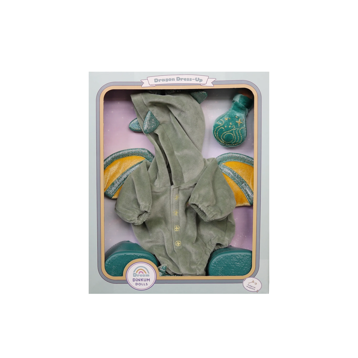 Front of Dragon Dress-Up outfit set packaged in a clear window box with shoes and bottle.