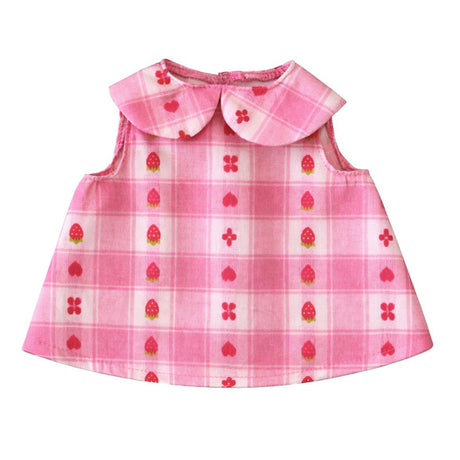 Pink plaid doll dress with strawberry print and peter pan collar.