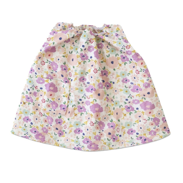 Olli Ella Dinkum Doll Suki Dress with a purple and pink floral pattern and a small front pocket.