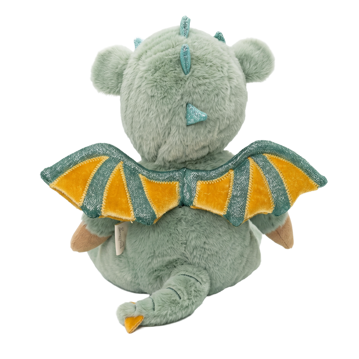 Back view of Olli Ella Dinky Dinkum Dax Dragon plush toy showing green and yellow wings.