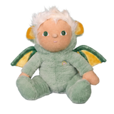 Dinky Dinkum Dax Dragon plush doll with green fur and yellow wings on a white background.