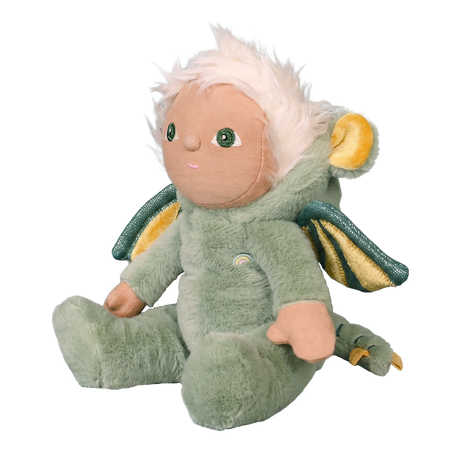Olli Ella Dinky Dinkum Dax Dragon plush doll sitting in a side view profile.