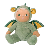 Olli Ella Dinky Dinkum Dax Dragon plush doll wearing a fuzzy green costume with wings.