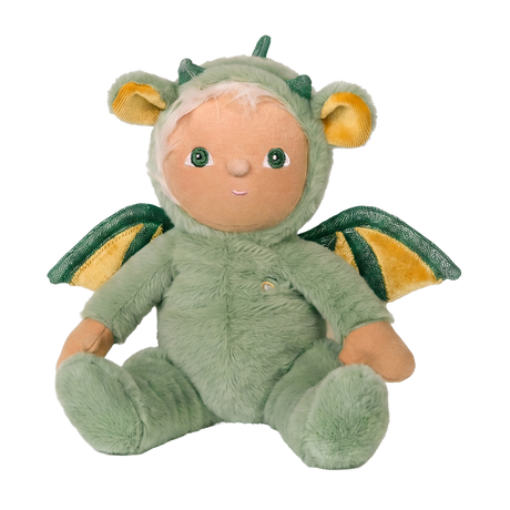 Olli Ella Dinky Dinkum Dax Dragon plush doll wearing a fuzzy green costume with wings.