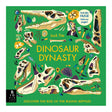 Green book cover titled "Dinosaur Dynasty" by Jack Tite, features illustrated dinosaur skulls, fossils, and tools. Includes a note on fold-out pages.