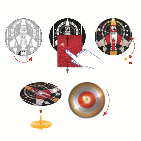 A DIY kit with colourful, cosmic-themed designs for kids to create mesmerizing spinning toys that showcase hypnotic patterns.