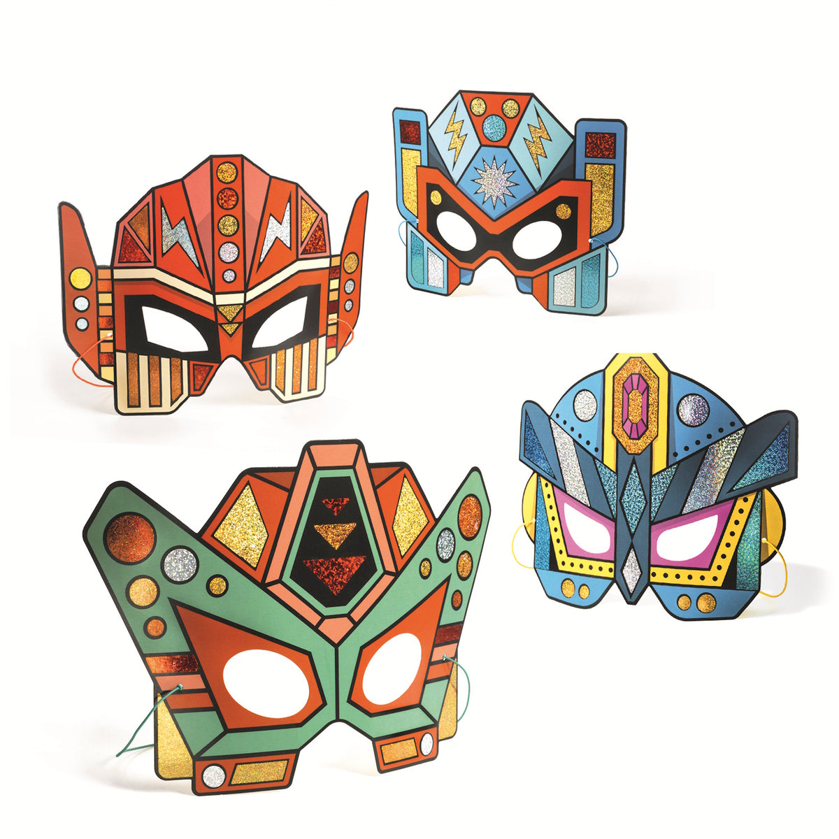 A kit featuring bold, futuristic robot mask templates decorated with shiny mosaic stickers for creative, hands-on fun.
