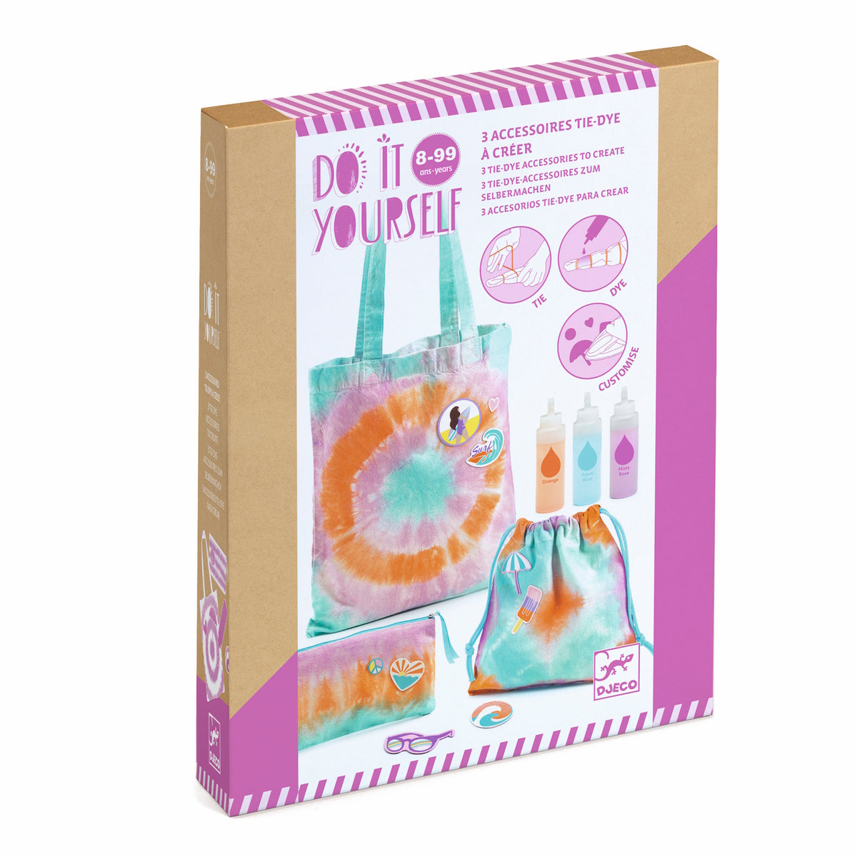 A DIY kit with a cotton tote bag and colourful dyes for kids to create their own vibrant, tie-dye accessory.