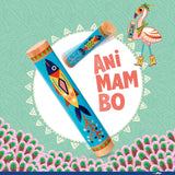 Colorful Djeco Animambo Rainstick wooden musical toy for kids featuring a bright fish design and flamingo.