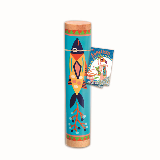 Djeco Animambo wooden rainmaker toy for kids with colorful fish illustration and teal background.