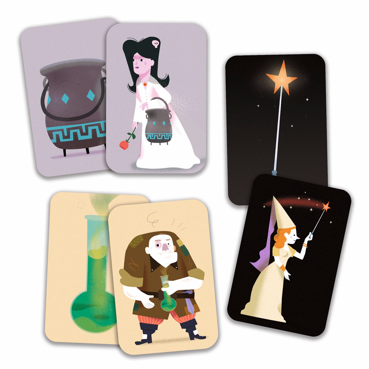Five illustrated cards feature fantasy themes: a woman with a cauldron and flower, a star-tipped wand, a lab flask, a man holding a beaker, and a princess with a wand. The tone is whimsical and magical.