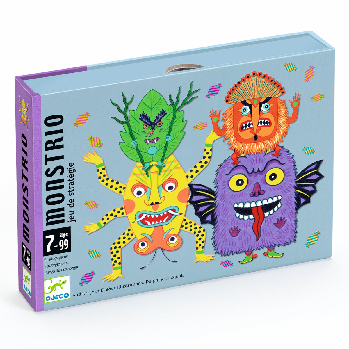 Colorful board game box with quirky, cartoon monsters stacked vertically. Bright tones, playful expressions, and whimsical design. Ages 7 to 99.