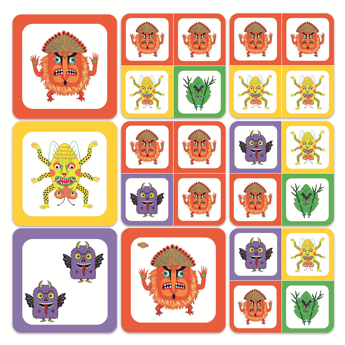 Grid of colorful, cartoonish monsters in squares. Each row features varied creatures with vivid expressions and hues: red, yellow, green, and purple. Playful and whimsical vibe.