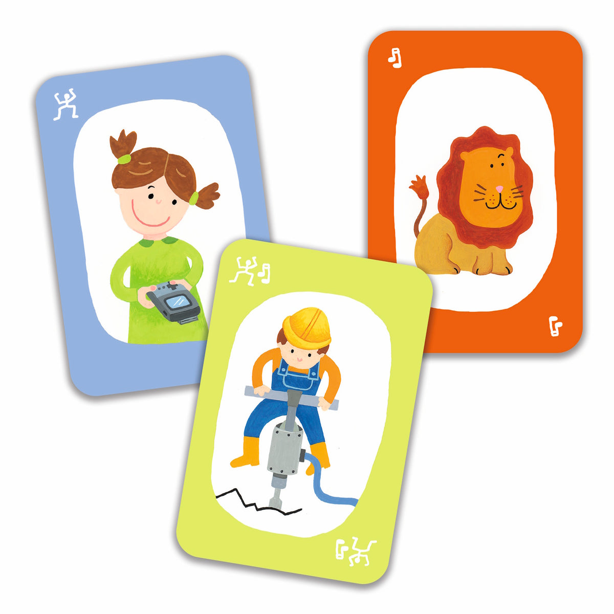Three colorful playing cards feature illustrations: a girl with pigtails holding a camera, a construction worker using a jackhammer, and a happy lion.