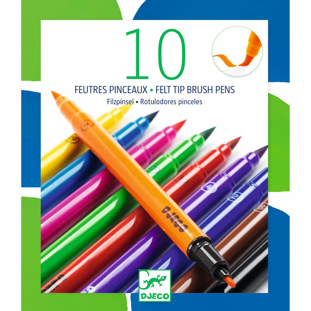 A colorful set of ten felt tip brush pens arranged diagonally on a white background with green and blue accents. The Djeco logo is visible at the bottom.