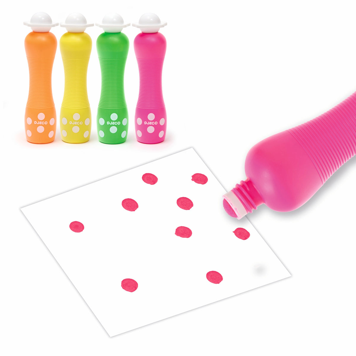 Colorful dot markers in orange, yellow, green, and pink with a sample sheet of polka dots; designed for ages 3-6 by DJECO.