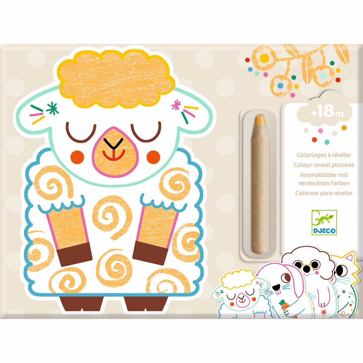 Cute illustration of a sheep with closed eyes and a colorful wool pattern, holding a pencil. Background features floral designs and the Djeco logo.