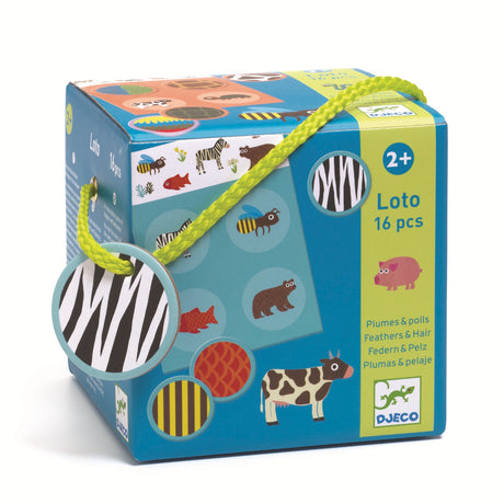 Colorful animal-themed toy box featuring images of animals like bees, bears, and zebras. It includes 16 pieces and is labeled for ages 2+. Cheerful design.