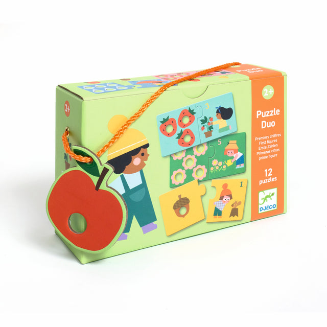 Green box with a colorful illustration of a child in overalls and a yellow hat, holding a puzzle. The box reads "Puzzle Duo, 12 puzzles, ages 2+."