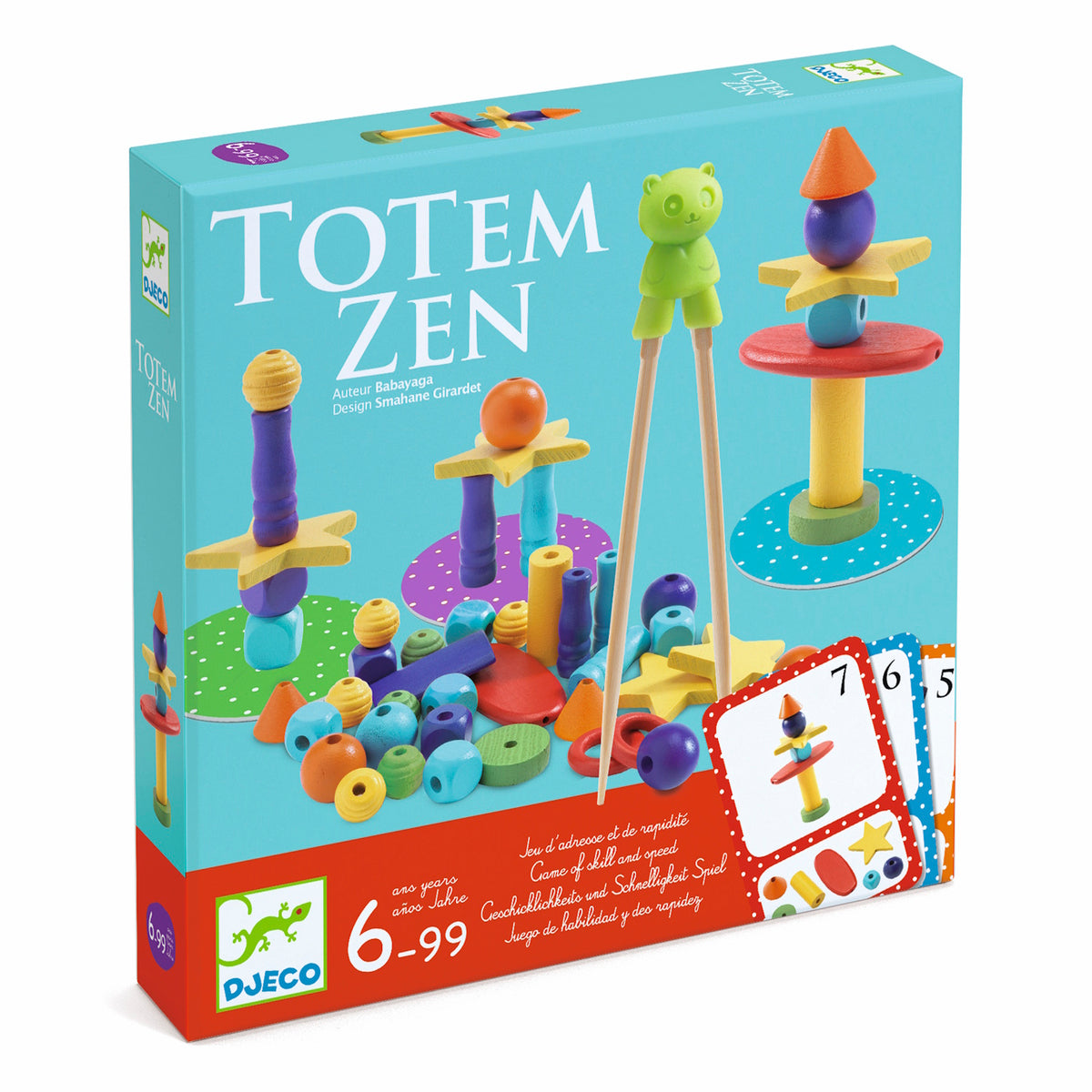 Box for "Totem Zen" toy game by Djeco, featuring colorful wooden shapes and stacking pieces. Includes a development age range of 6-99 years.