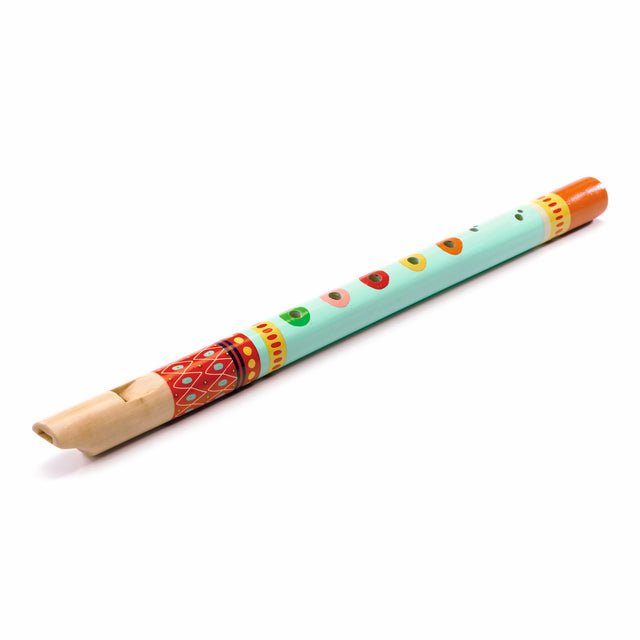 Colorful wooden flute with decorative patterns in red, green, and yellow, resting on a white background.