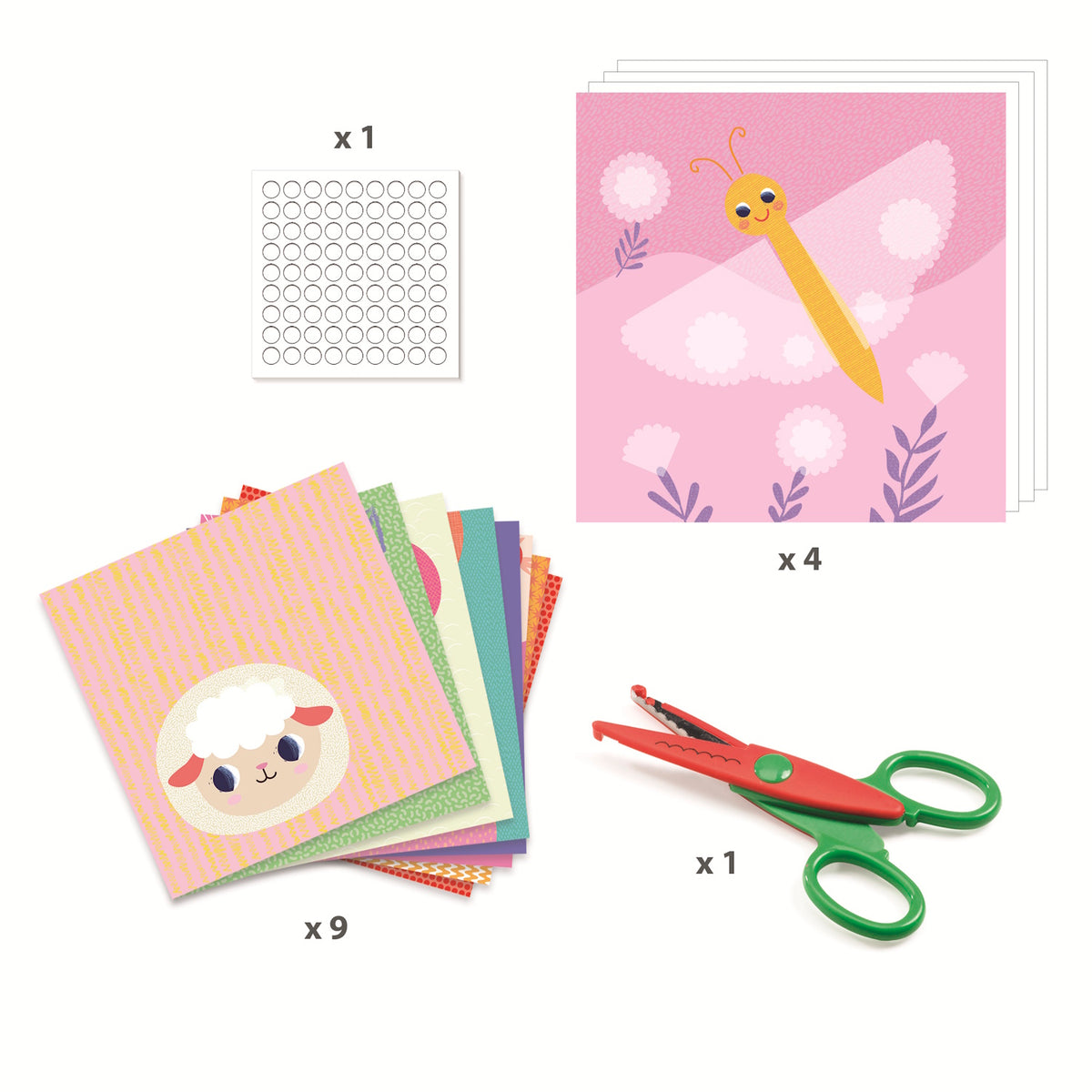 The set includes 9 illustrated sheets to cut out, 4 illustrated cards to decorate, 1 pair of crinkle-cut scissors (offering two different cutting styles), a sheet of double-sided stickers, and a step-by-step instruction booklet.