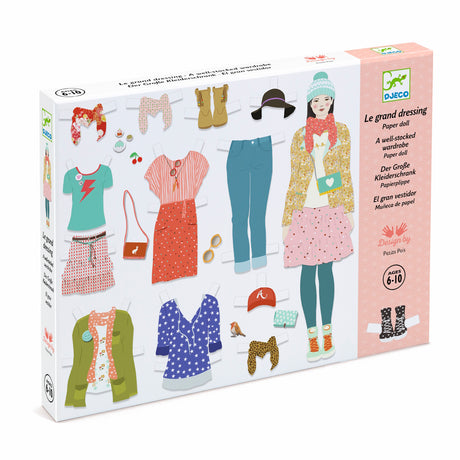 Paper doll set with various colorful outfits and accessories. Includes dresses, jackets, pants, shoes, and hats. Suitable for ages 6 to 10.