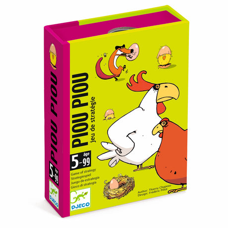Brightly colored box for "Piou Piou" strategy game. Features cartoon chickens, eggs, and a fox. Suitable for ages 5-99. Playful and fun tone.