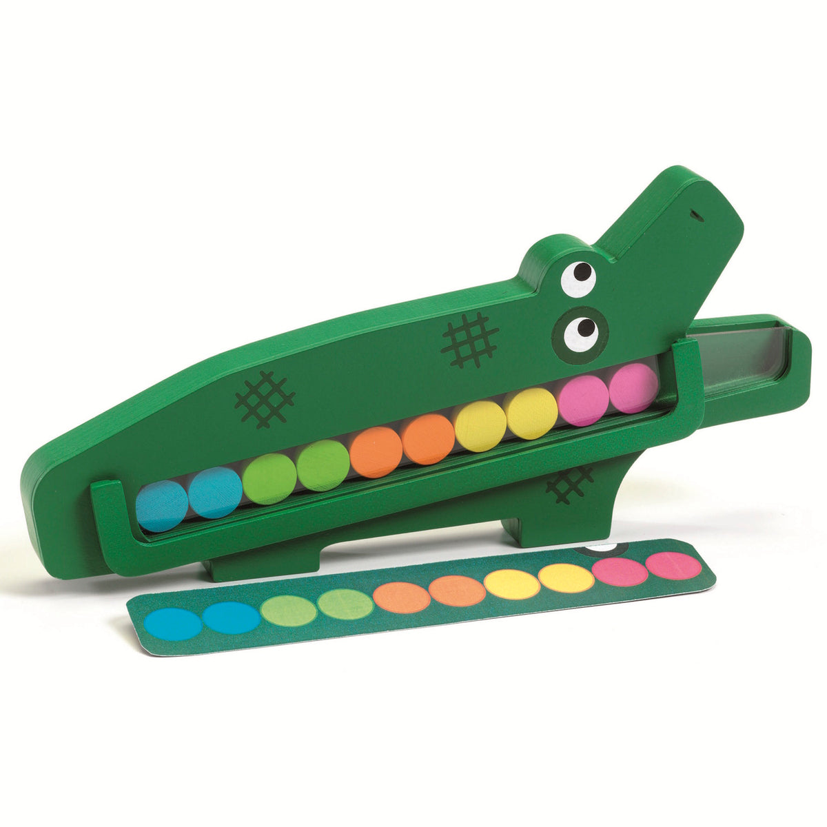 Wooden crocodile color matching toy with colorful discs for toddler educational STEM learning and sorting.