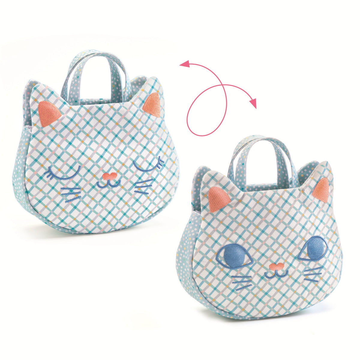 The handbag is beautifully embroidered in the shape of a cat's head, with one side depicting a playful awake cat and the other a peaceful sleeping cat.​