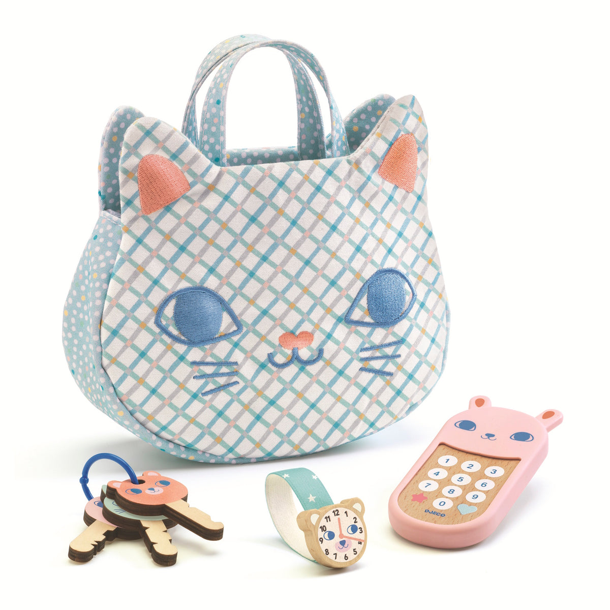 The handbag is beautifully embroidered in the shape of a cat's head, with one side depicting a playful awake cat and the other a peaceful sleeping cat.​