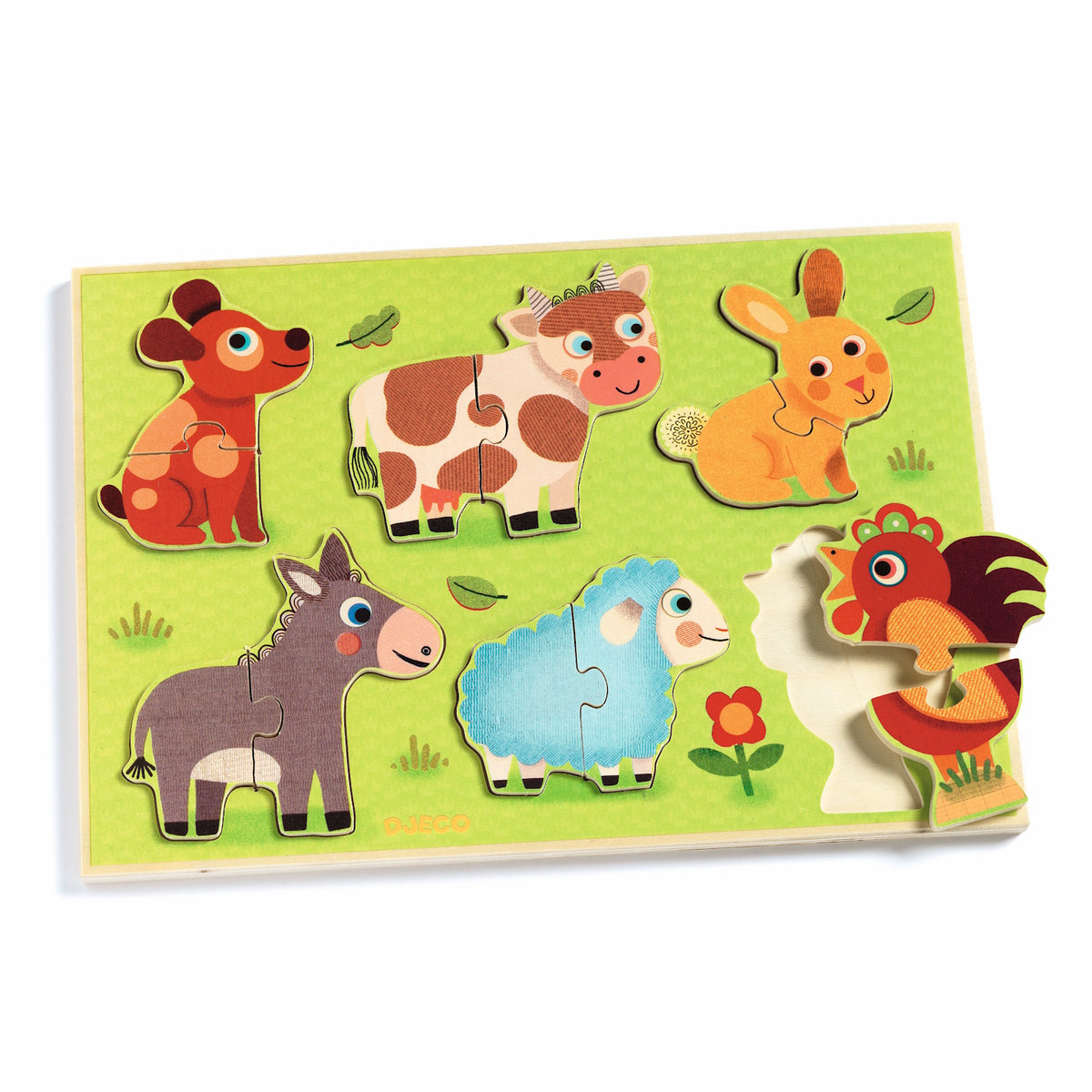 Colorful wooden puzzle featuring cartoon farm animals, including a dog, cow, rabbit, donkey, sheep, and rooster, on a bright green background.