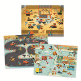 Colorful packaging for a children's activity set featuring construction scenes, characters, and various building vehicles.