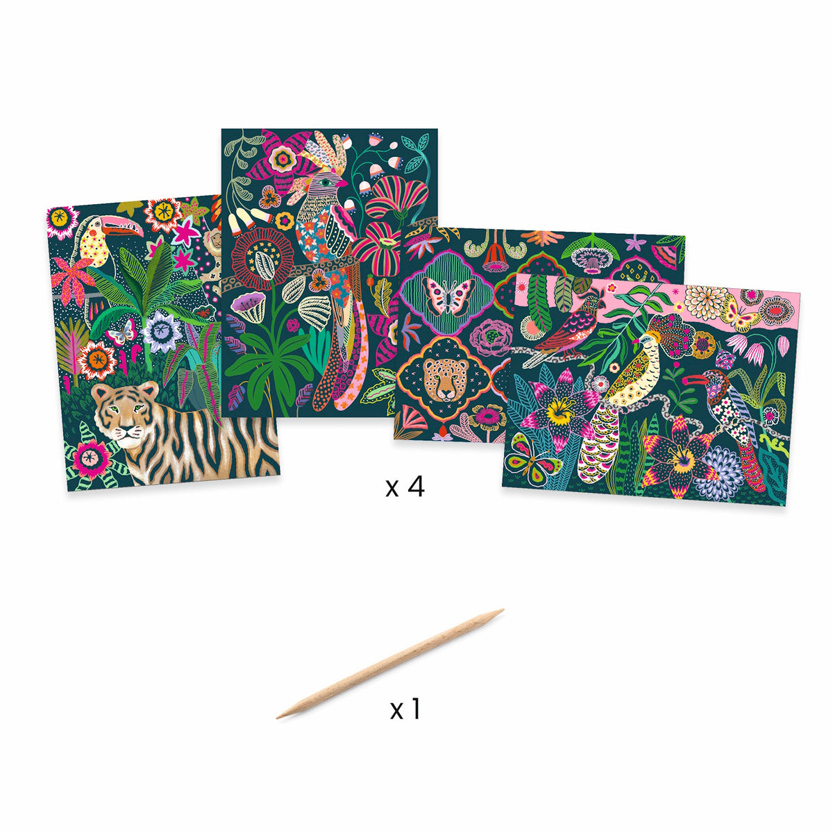 Four colorful illustrated panels featuring vibrant wildlife, including birds, a tiger, and lush tropical plants in bold patterns.