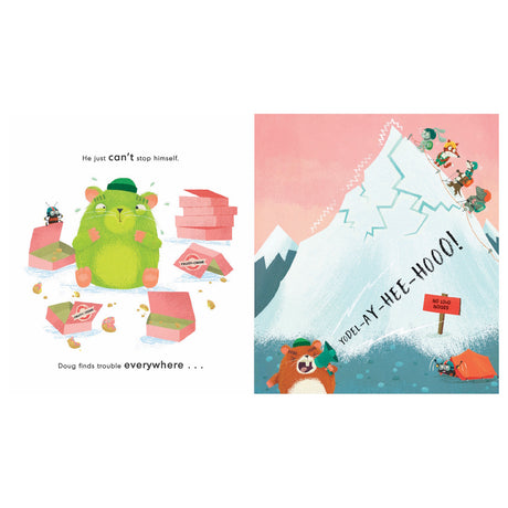 Double page children's book spread showing a hamster with donuts and a gopher yodeling on a snowy mountain, with text.