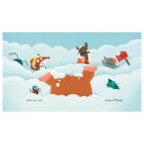 Children's book illustration of a fox, dog, and mole buried in snow next to a "No Loud Noises" sign.
