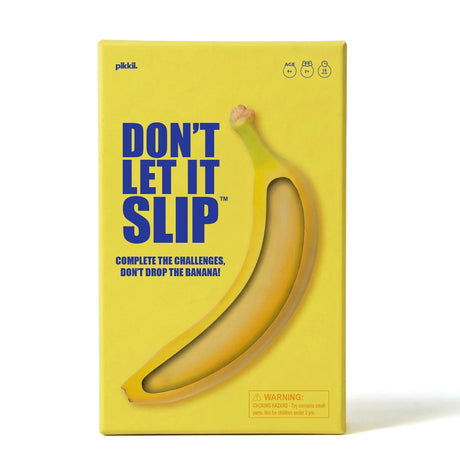 Front of yellow "Don't Let It Slip" game box featuring blue title text and banana artwork.