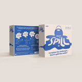 Front and back packaging for the Don't Spill It! party game box in blue and white.