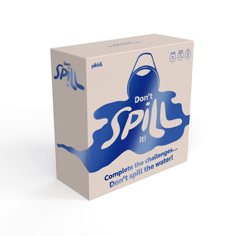 Packaging box for the "Don't Spill It!" game by Pikkii featuring blue water splash graphics.