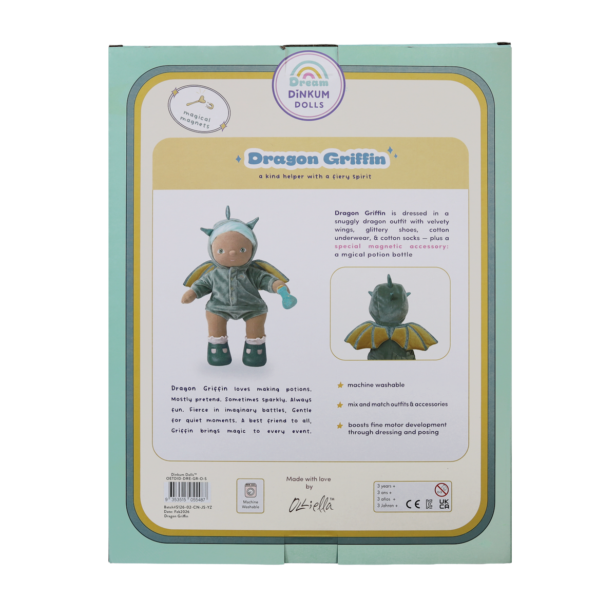 Olliella Dream Dinkum Dolls Dragon Griffin plush toy packaging box back view showing details and features.