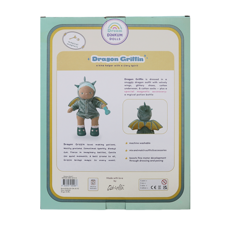 Olliella Dream Dinkum Dolls Dragon Griffin plush toy packaging box back view showing details and features.