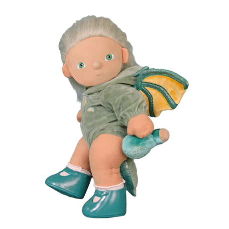 Plush doll with green dragon wings and a tail, wearing a green outfit and teal shoes.