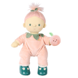 Olli Ella Cozy Dinkum Doll Piper Peach in a peach velour suit holding a plush peach rattle.