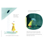 Illustration of a duck in a yellow raincoat meeting a lost frog in the rain, from "The Duck Who Didn't Like Water."